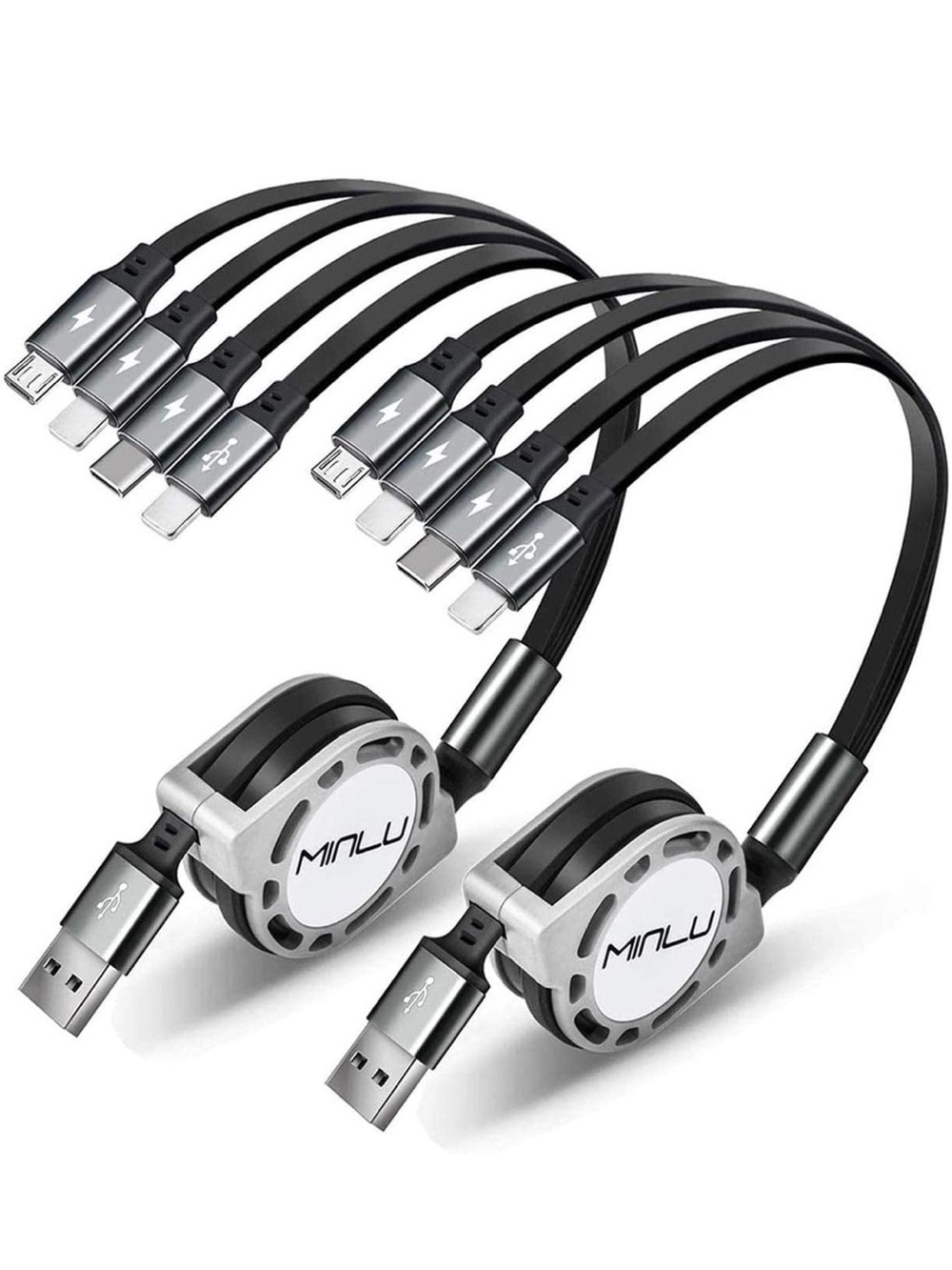 2 Minlu Retractable Multi-Connector Charging Cables - Black & Silver